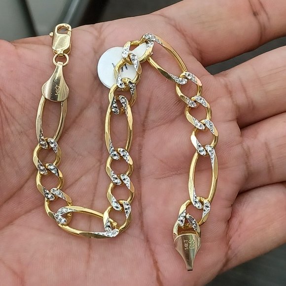 14kt solid gold figaro daimond cut bracelet size 8 inches